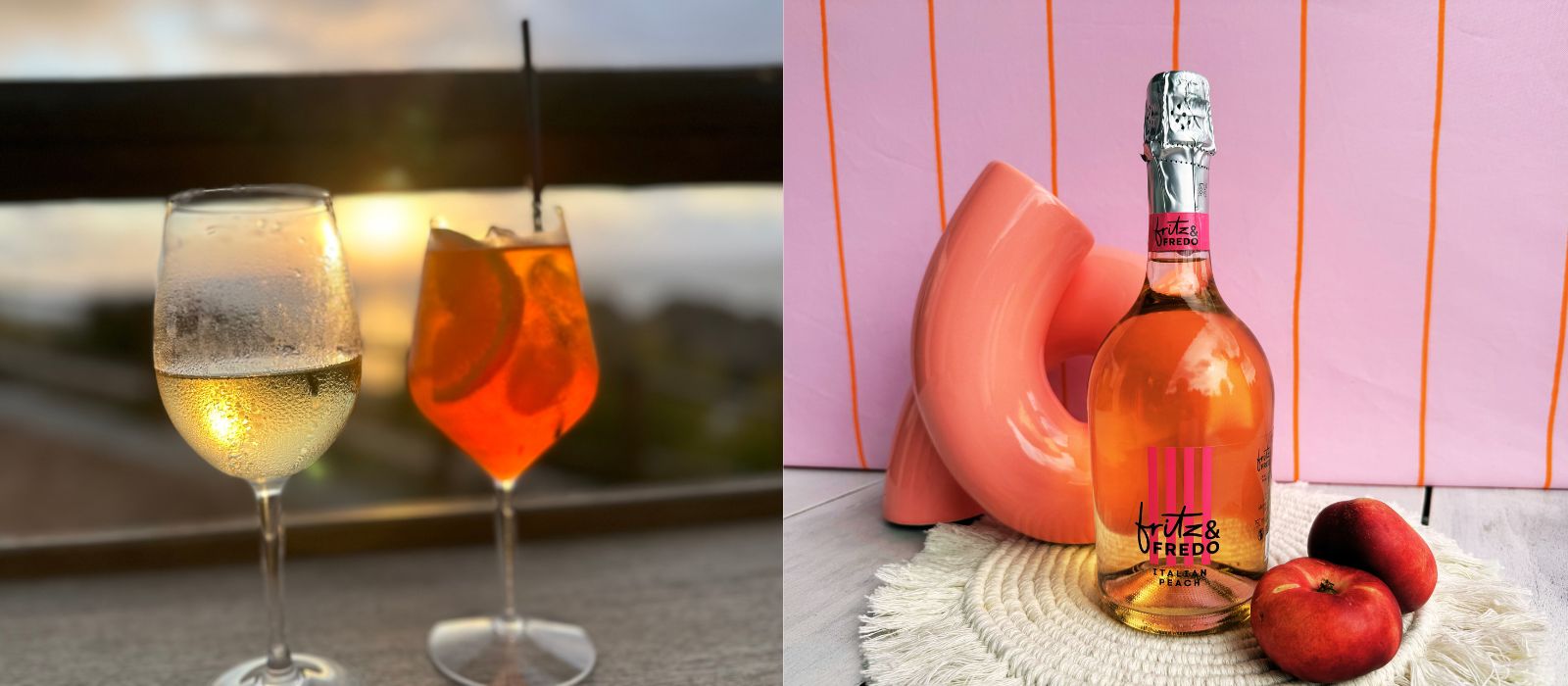 Gefüllte Gläser im Sonnenuntergang links, Fritz&Fredo Spritz vor Deko rechts im Bild
